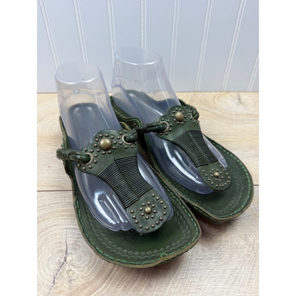 L'Artiste Spring Step Green Leather Studded Thong Sandals Boho Slides Womens 37